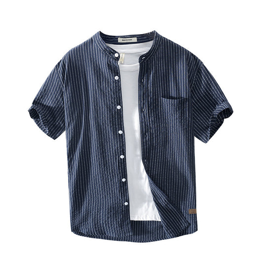 Men's Medal Striped Cotton Casual Shirt Men's Stand Collar Cotton Shirt