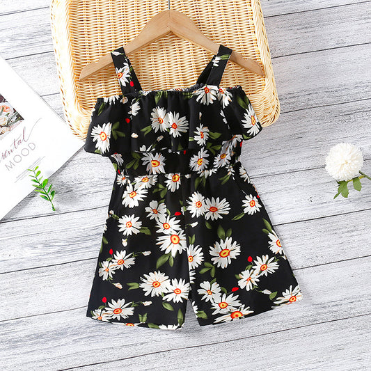 Summer New Girls Small  Print Ruffled Collar Jumpsuit