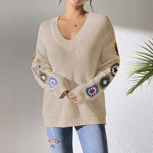 Autumn And Winter Crochet Stitching V-neck Pullover Sweater