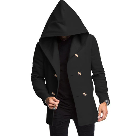 Men's Mid-length Slim Trench Coat Hooded Solid Color Coat